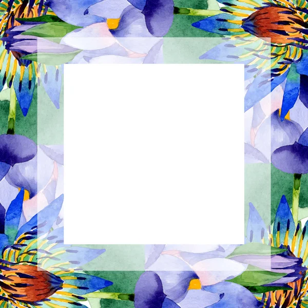 Botanische Blüten aus blauem Lotus. Aquarell Hintergrundillustration Set. Rahmen Rand Ornament Quadrat. — Stockfoto