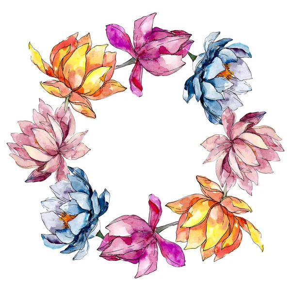 Fiori botanici floreali di loto. Acquerello sfondo illustrazione set. Quadrato ornamento bordo cornice . — Foto stock