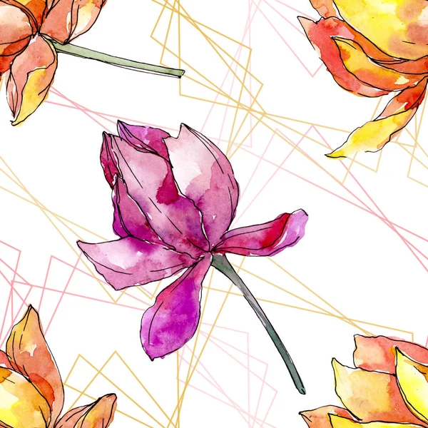 Flores botánicas florales de loto. Conjunto de ilustración de fondo acuarela. Patrón de fondo sin costuras . - foto de stock