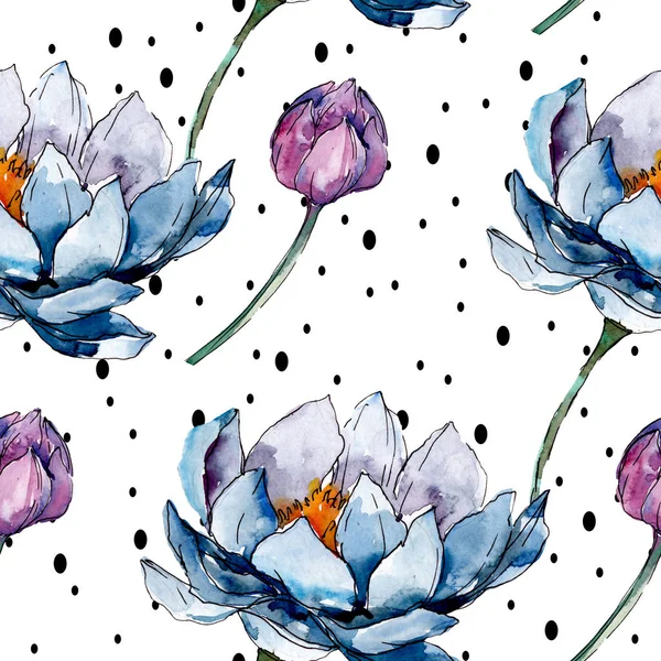 Fiori botanici floreali di loto. Acquerello sfondo illustrazione set. Modello di sfondo senza soluzione di continuità . — Foto stock