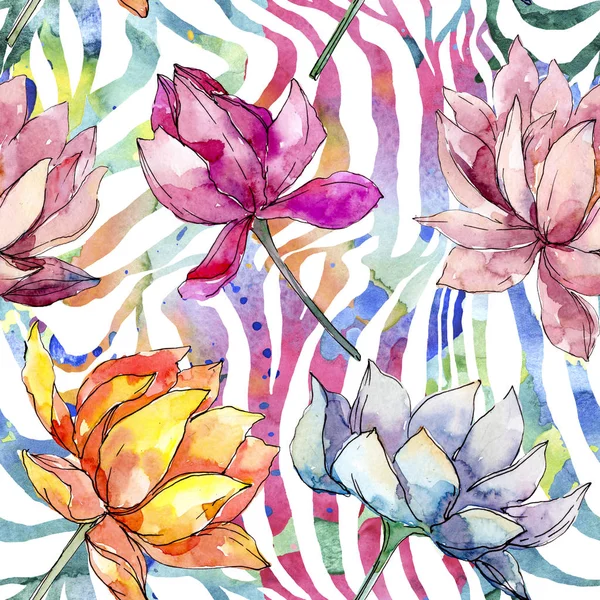 Lotusblüten, botanische Blumen. Aquarell Hintergrundillustration Set. nahtloses Hintergrundmuster. — Stockfoto