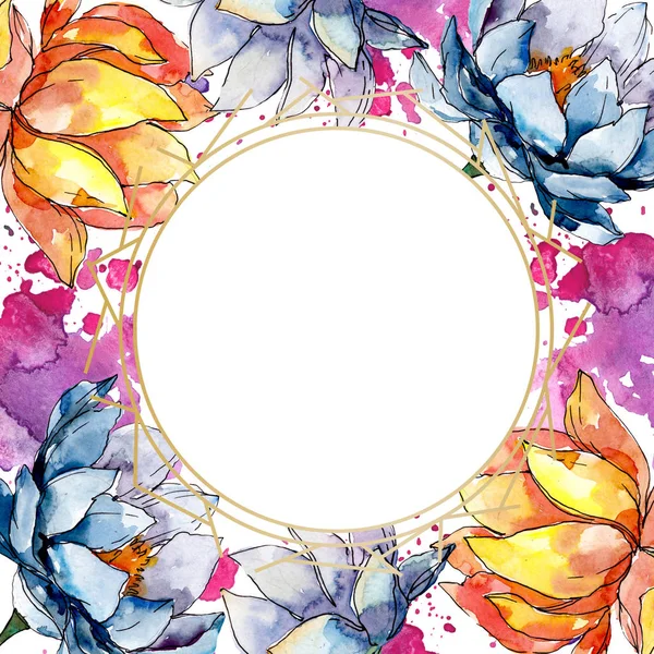 Fiori di loto fiori botanici floreali. Acquerello sfondo illustrazione set. Quadrato ornamento bordo cornice . — Foto stock