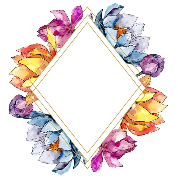 Fiori botanici floreali di loto. Acquerello sfondo illustrazione set. Quadrato ornamento bordo cornice . — Foto stock