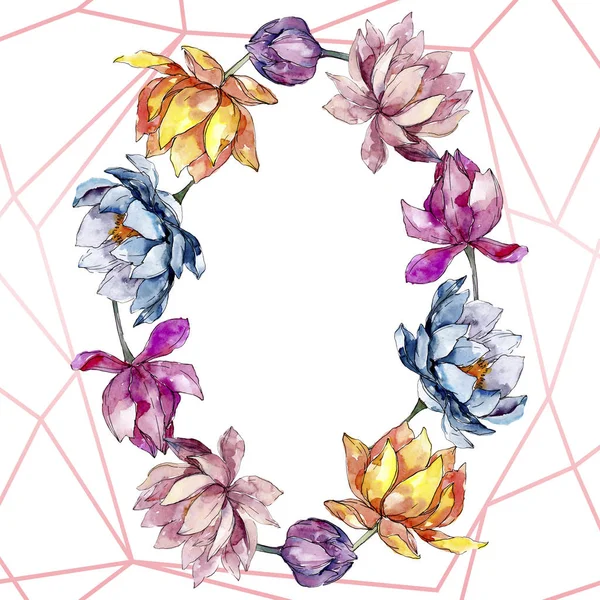 Fiori di loto fiori botanici floreali. Acquerello sfondo illustrazione set. Quadrato ornamento bordo cornice . — Foto stock