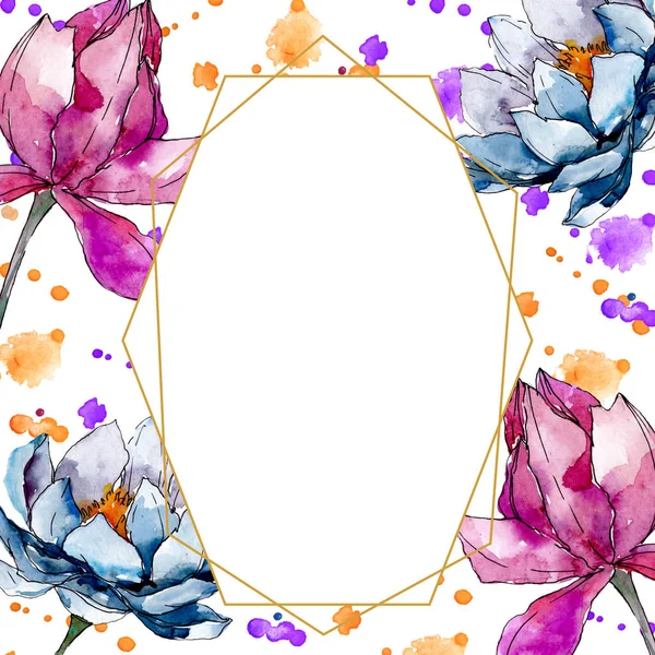 Fiori di loto fiori botanici floreali. Acquerello sfondo illustrazione set. Quadrato ornamento bordo cornice . — Foto stock