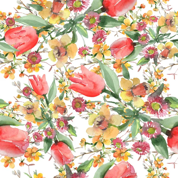 Bouquet floral botanical flowers. Watercolor background illustration set. Seamless background pattern. — Stock Photo