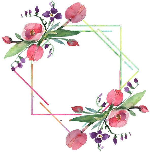 Bouquet floreale fiori botanici. Acquerello sfondo illustrazione set. Quadrato ornamento bordo cornice . — Foto stock