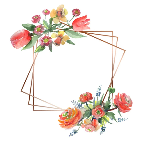 Bouquet floral botanical flowers. Watercolor background illustration set. Frame border ornament square. — Stock Photo