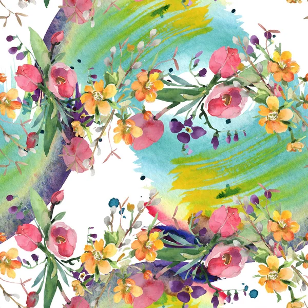 Bouquet floral botanical flowers. Watercolor background illustration set. Seamless background pattern. — Stock Photo