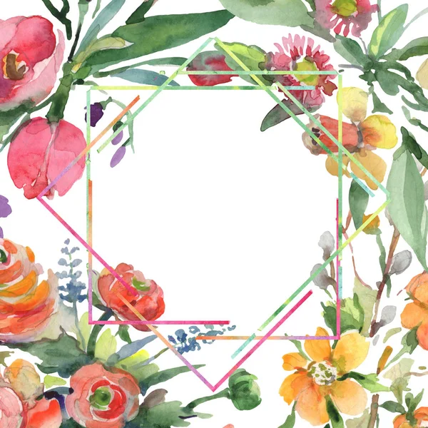 Blumenstrauß botanische Blumen. Aquarell Hintergrundillustration Set. Rahmen Rand Ornament Quadrat. — Stockfoto