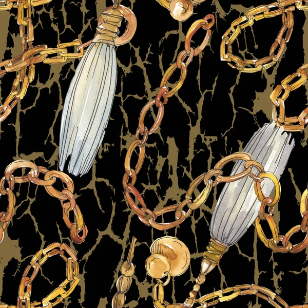 Ilustración de bocetos de cadenas doradas en un elemento aislado de estilo acuarela. Patrón de fondo sin costuras . - foto de stock