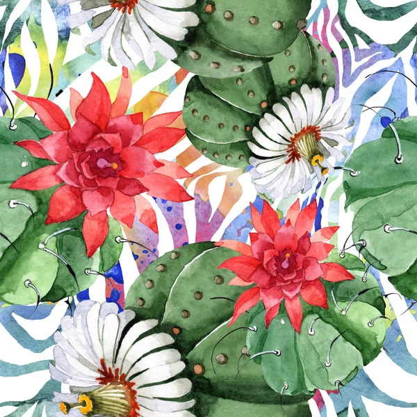 Green cactus floral botanical flower. Watercolor background illustration set. Seamless background pattern. — Stock Photo