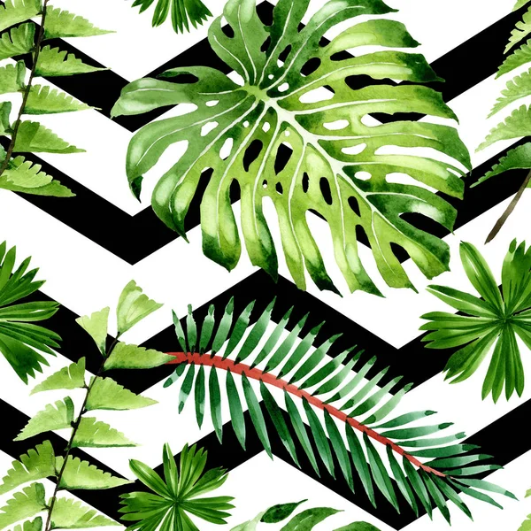 Palmera deja la selva botánica. Conjunto de ilustración de fondo acuarela. Patrón de fondo sin costuras . - foto de stock