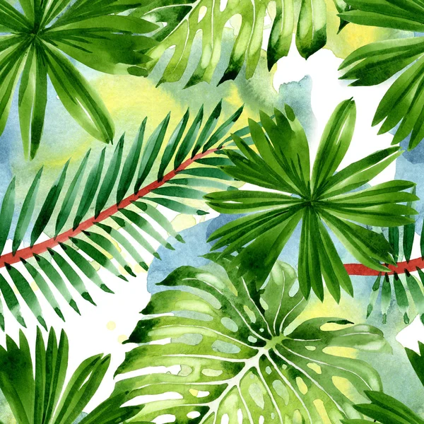 Palma albero da spiaggia lascia giungla botanica. Acquerello sfondo illustrazione set. Modello di sfondo senza soluzione di continuità . — Foto stock