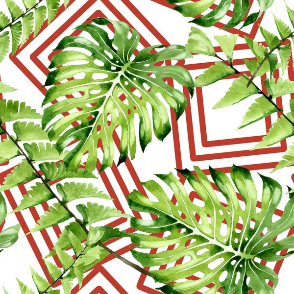 Palmera deja la selva botánica. Conjunto de ilustración de fondo acuarela. Patrón de fondo sin costuras . - foto de stock