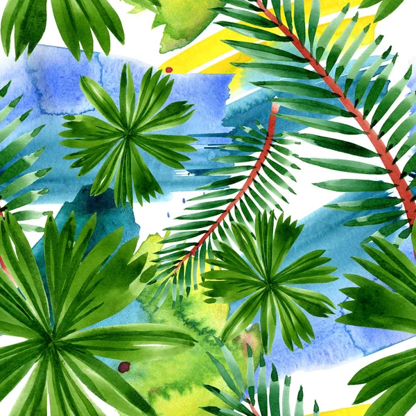 Palmera deja la selva botánica. Conjunto de ilustración de fondo acuarela. Patrón de fondo sin costuras . - foto de stock