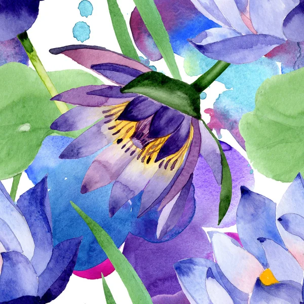 Botanische Blüten aus blauem Lotus. Aquarell Hintergrundillustration Set. nahtloses Hintergrundmuster. — Stockfoto