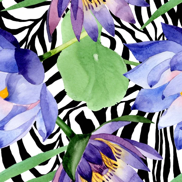 Botanische Blüten aus blauem Lotus. Aquarell Hintergrundillustration Set. nahtloses Hintergrundmuster. — Stockfoto