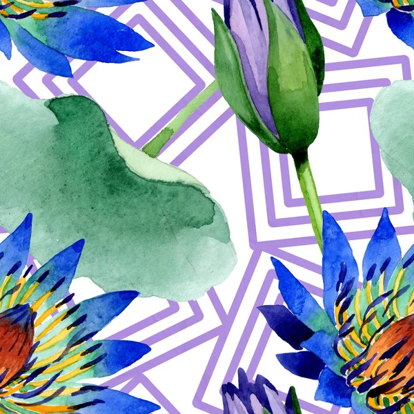 Flores botánicas de loto azul. Conjunto de ilustración de fondo acuarela. Patrón de fondo sin costuras . - foto de stock