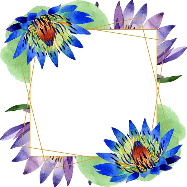 Fleurs botaniques florales de lotus bleu. Ensemble d'illustration de fond aquarelle. Cadre bordure ornement carré . — Photo de stock