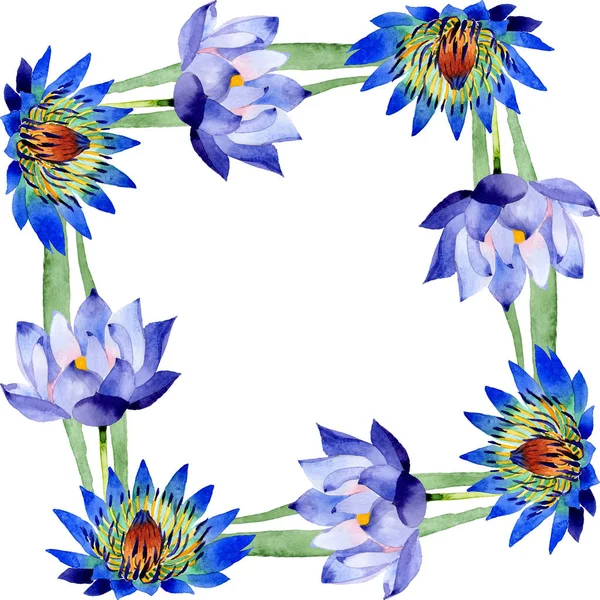 Flores botánicas de loto azul. Conjunto de ilustración de fondo acuarela. Marco borde ornamento cuadrado . - foto de stock