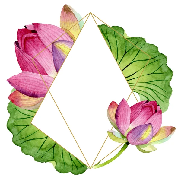 Fiori botanici floreali di loto rosa. Acquerello sfondo illustrazione set. Quadrato ornamento bordo cornice . — Foto stock