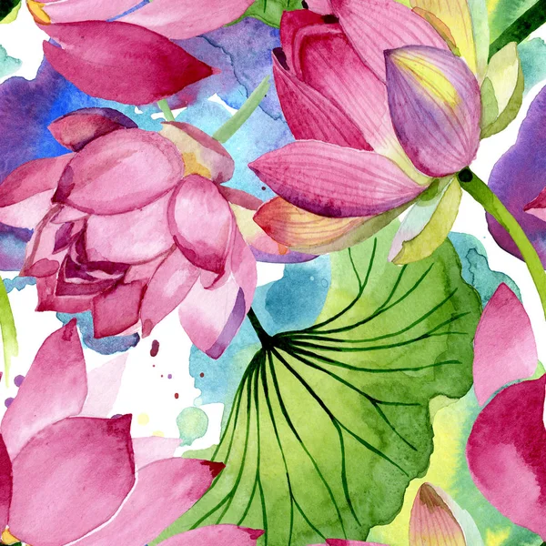 Pink lotus floral botanical flowers. Watercolor background illustration set. Seamless background pattern. — Stock Photo