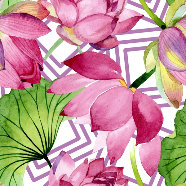 Pink lotus floral botanical flowers. Watercolor background illustration set. Seamless background pattern. — Stock Photo