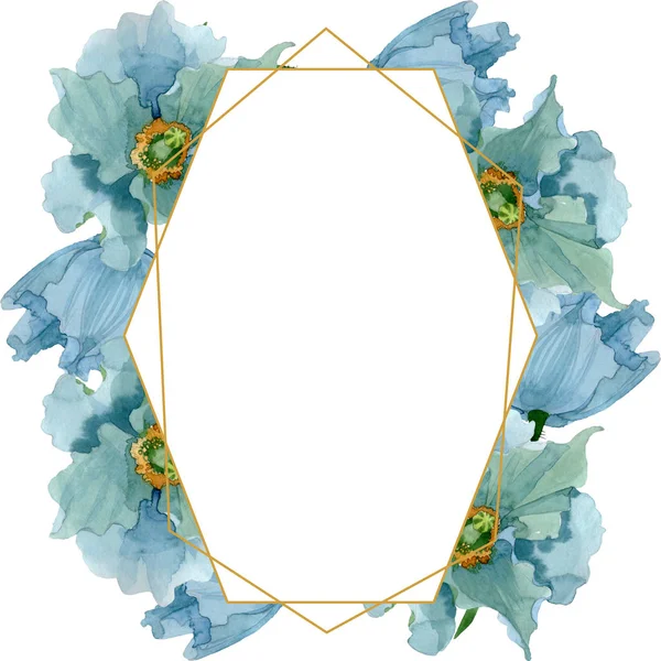 Flor de papoula azul flores botânicas. Conjunto de ilustração de fundo aquarela. Quadro borda ornamento quadrado . — Fotografia de Stock