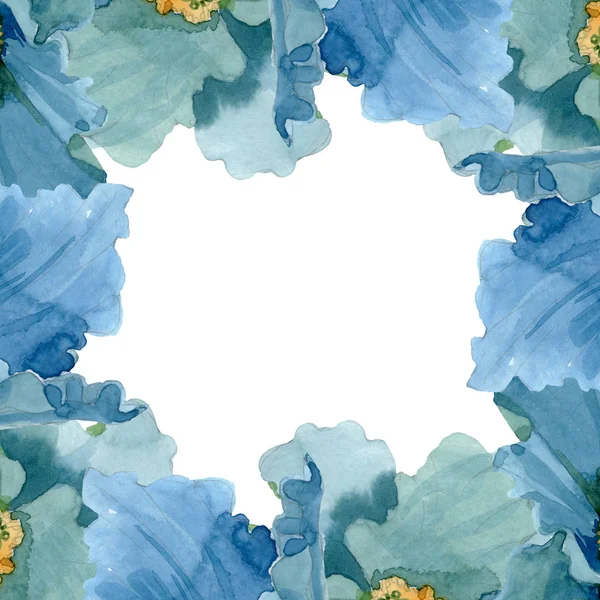 Blauer Klatschmohn mit botanischen Blüten. Aquarell Hintergrundillustration Set. Rahmen Rand Ornament Quadrat. — Stockfoto
