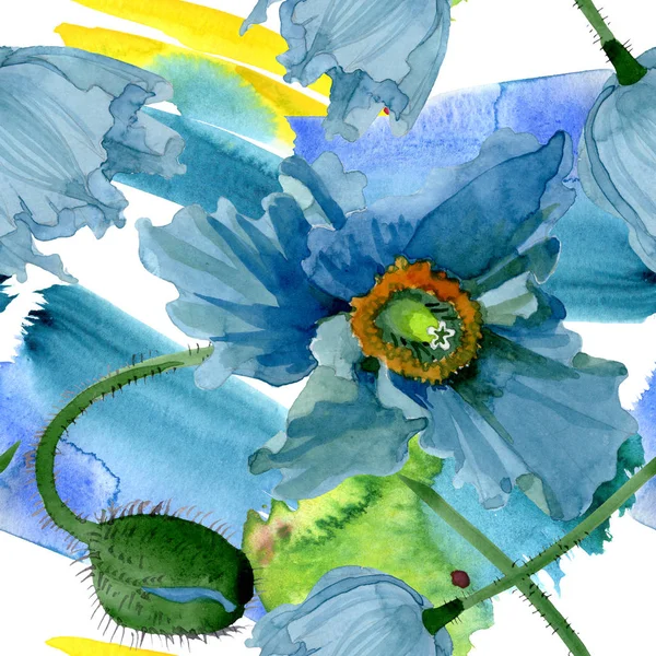 Blauer Klatschmohn mit botanischen Blüten. Aquarell Hintergrundillustration Set. nahtloses Hintergrundmuster. — Stockfoto