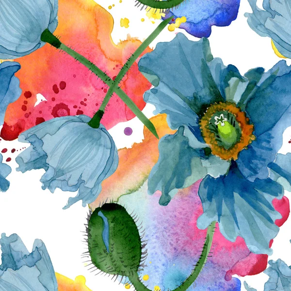 Blauer Klatschmohn mit botanischen Blüten. Aquarell Hintergrundillustration Set. nahtloses Hintergrundmuster. — Stockfoto