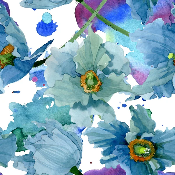 Blauer Klatschmohn mit botanischen Blüten. Aquarell Hintergrundillustration Set. nahtloses Hintergrundmuster. — Stockfoto