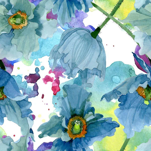 Fleurs botaniques florales de pavot bleu. Ensemble d'illustration de fond aquarelle. Modèle de fond sans couture . — Photo de stock