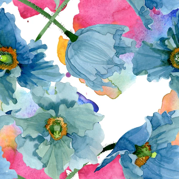 Blauer Klatschmohn mit botanischen Blüten. Aquarell Hintergrundillustration Set. nahtloses Hintergrundmuster. — Stockfoto