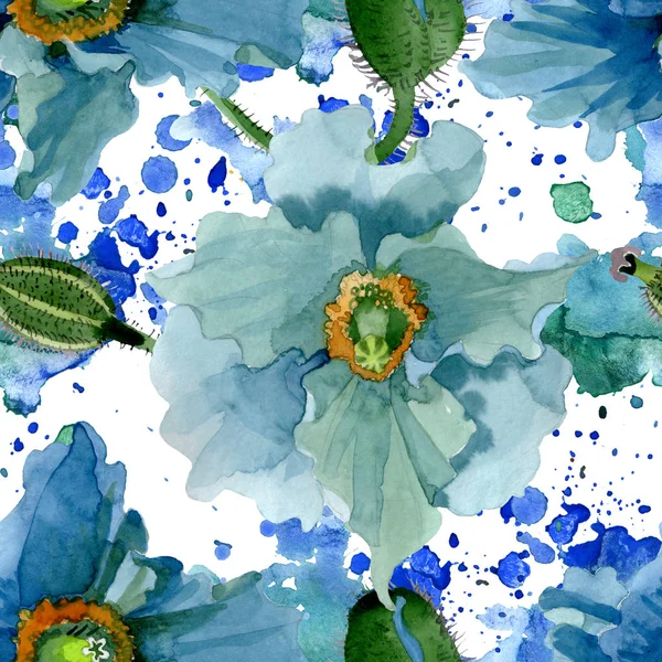 Blue poppy floral botanical flowers. Watercolor background illustration set. Seamless background pattern. — Stock Photo