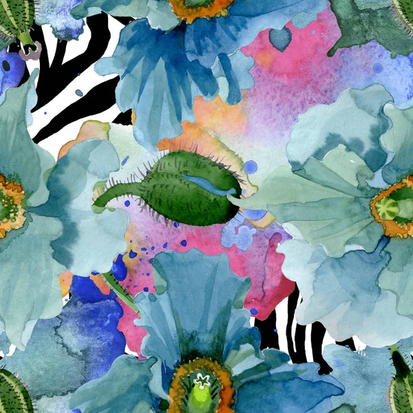 Blauer Klatschmohn mit botanischen Blüten. Aquarell Hintergrundillustration Set. nahtloses Hintergrundmuster. — Stockfoto