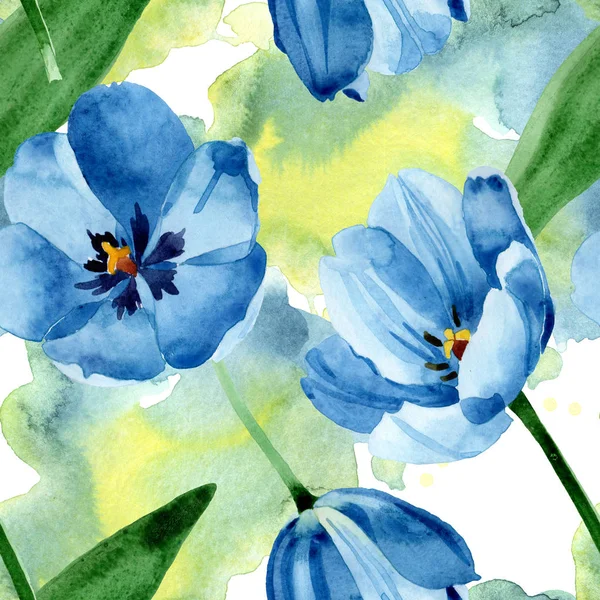Blaue Tulpe mit botanischen Blüten. Aquarell Hintergrundillustration Set. nahtloses Hintergrundmuster. — Stockfoto