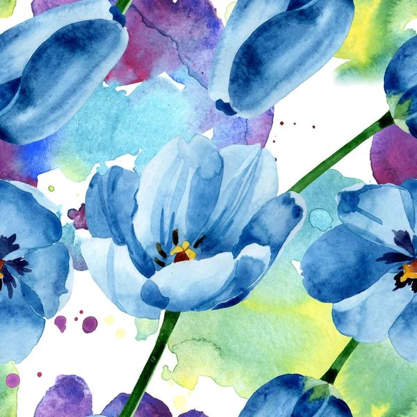Blaue Tulpe mit botanischen Blüten. Aquarell Hintergrundillustration Set. nahtloses Hintergrundmuster. — Stockfoto