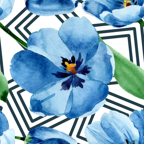 Blue tulip floral botanical flowers. Watercolor background illustration set. Seamless background pattern. — Stock Photo