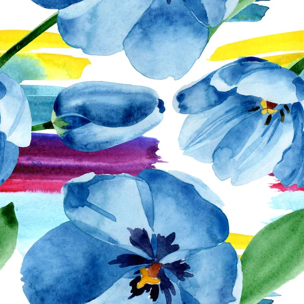Azul tulipa flores botânicas florais. Conjunto de ilustração de fundo aquarela. Padrão de fundo sem costura . — Fotografia de Stock