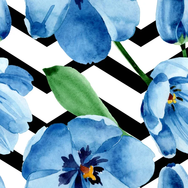 Azul tulipa flores botânicas florais. Conjunto de ilustração de fundo aquarela. Padrão de fundo sem costura . — Fotografia de Stock