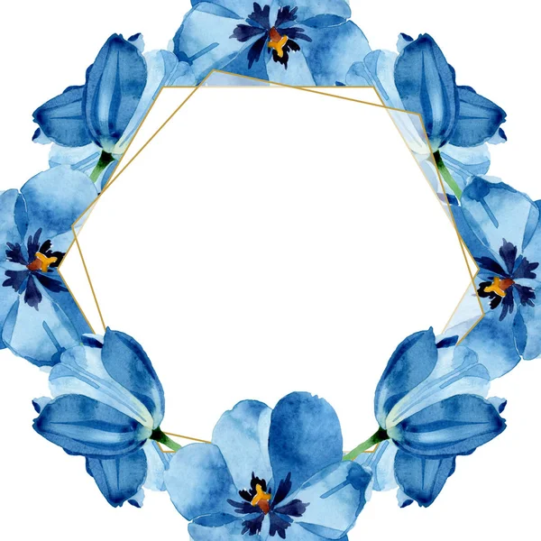 Flores botánicas florales de tulipán azul. Conjunto de ilustración de fondo acuarela. Marco borde ornamento cuadrado . - foto de stock