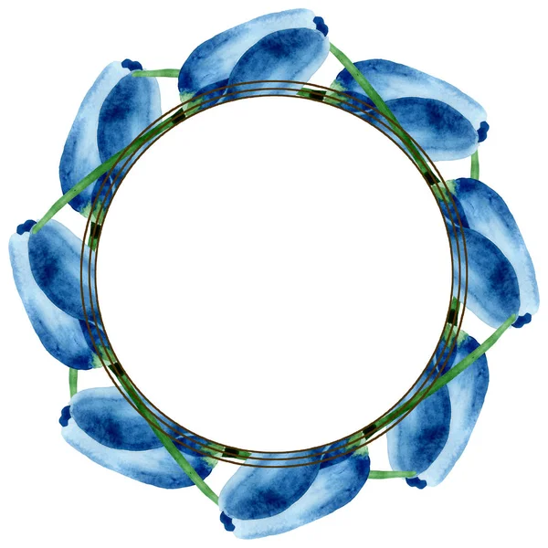 Blaue Tulpe mit botanischen Blüten. Aquarell Hintergrundillustration Set. Rahmen Rand Ornament Quadrat. — Stockfoto