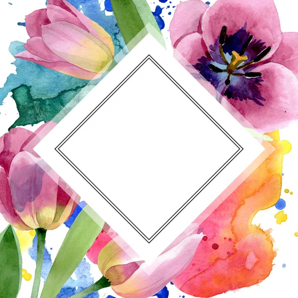 Rosa Tulpen mit botanischen Blüten. Aquarell Hintergrundillustration Set. Rahmen Rand Ornament Quadrat. — Stockfoto