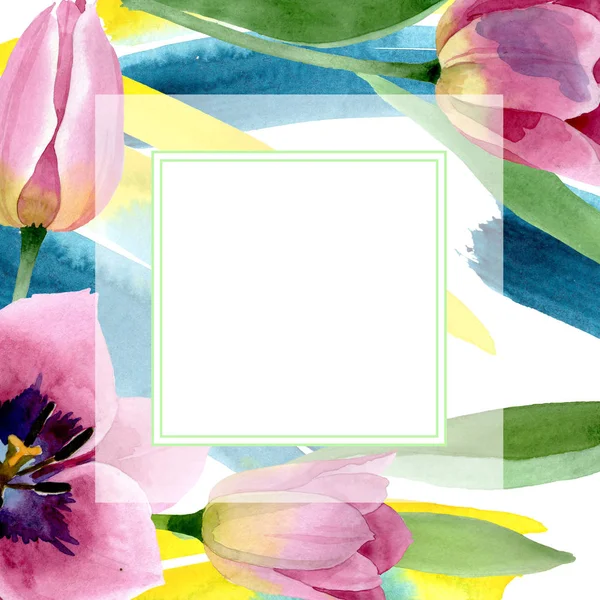 Tulipanes rosados flores botánicas florales. Conjunto de ilustración de fondo acuarela. Marco borde ornamento cuadrado . - foto de stock