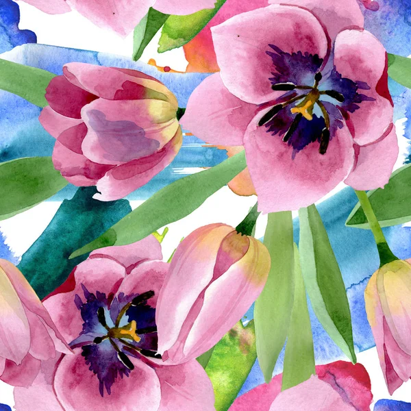 Tulipes roses fleurs botaniques florales. Ensemble d'illustration de fond aquarelle. Modèle de fond sans couture . — Photo de stock