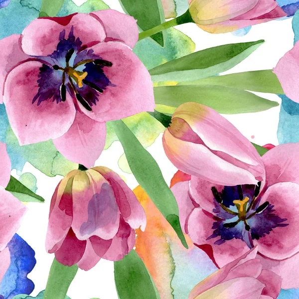 Rosa tulipas flores botânicas florais. Conjunto de ilustração de fundo aquarela. Padrão de fundo sem costura . — Fotografia de Stock