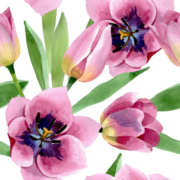 Rosa Tulpen mit botanischen Blüten. Aquarell Hintergrundillustration Set. nahtloses Hintergrundmuster. — Stockfoto