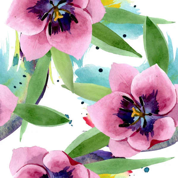 Tulipani rosa fiori botanici floreali. Acquerello sfondo illustrazione set. Modello di sfondo senza soluzione di continuità . — Foto stock